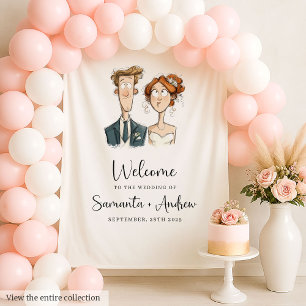 Quirky Couple Wedding Background Wasserfarbenbrill Wandteppich