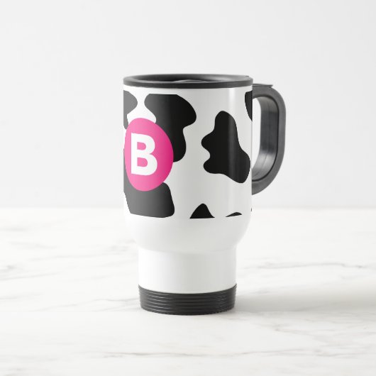 Quirky Cow Patch Pattern Pink Monogram Reisebecher (VorderseiteRechts)