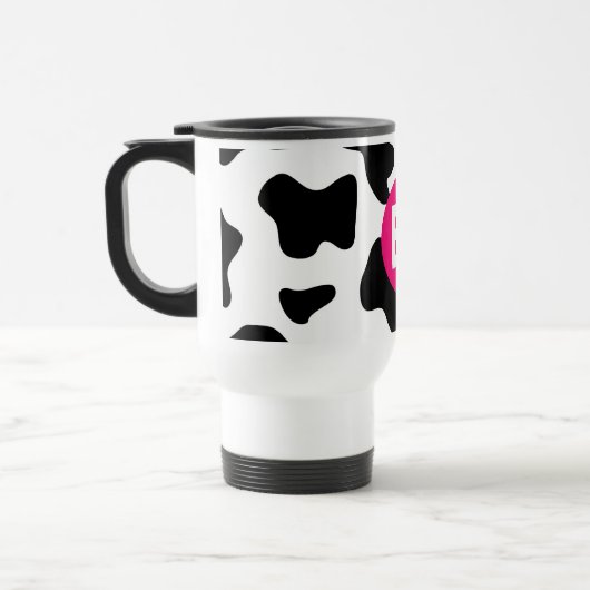 Quirky Cow Patch Pattern Pink Monogram Reisebecher (Links)