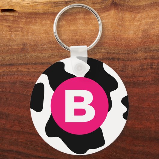 Quirky Cow Patch Pattern Pink Monogram Schlüsselanhänger (Vorderseite)