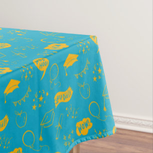Quirky Doodle Blue Yellow Graduation Party Tischdecke