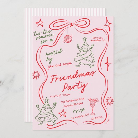Quirky Doodle Christmas Friendmas Party Invitation Einladung (Vorne/Hinten)
