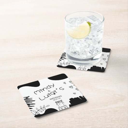 Quirky Doodle Shapes Script Wedding Rechteckiger Pappuntersetzer (Vor Ort)