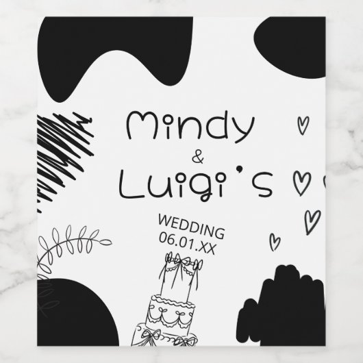 Quirky Doodle Shapes Script Wedding Weinetikett (Einzelnes Label)