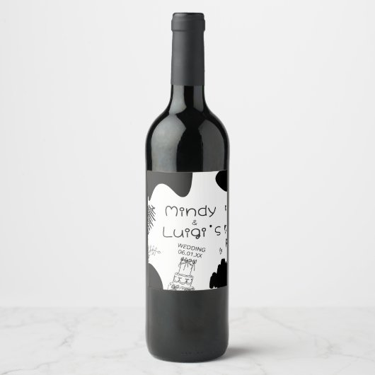 Quirky Doodle Shapes Script Wedding Weinetikett (Vorderseite)