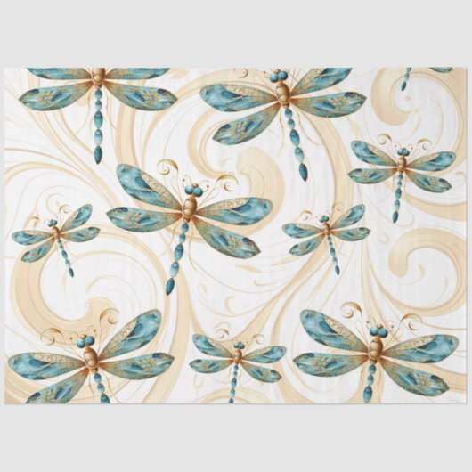 Quirky Dragonfly Muster in Aqua und Gold Seidenpapier (Vorderseite)