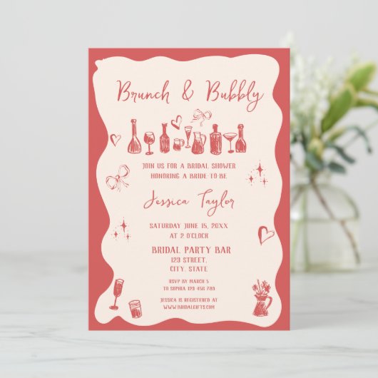 Quirky Einzigartiger handgezeichneter Bridal Brunc Einladung (Stehend Vorderseite)