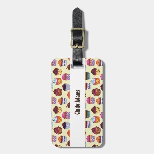 Quirky farbenfrohe Cupcakes Illustrationsmuster Gepäckanhänger (Vorderseite vertikal)