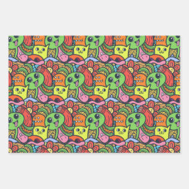Quirky farbiges Kawaii-Charaktermuster Geschenkpapier Set