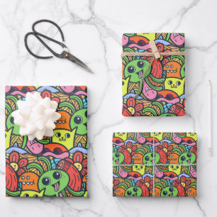 Quirky farbiges Kawaii-Charaktermuster Geschenkpapier Set