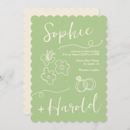 Quirky French Doodle Blume Retro French Wedding Einladung (Vorne/Hinten)