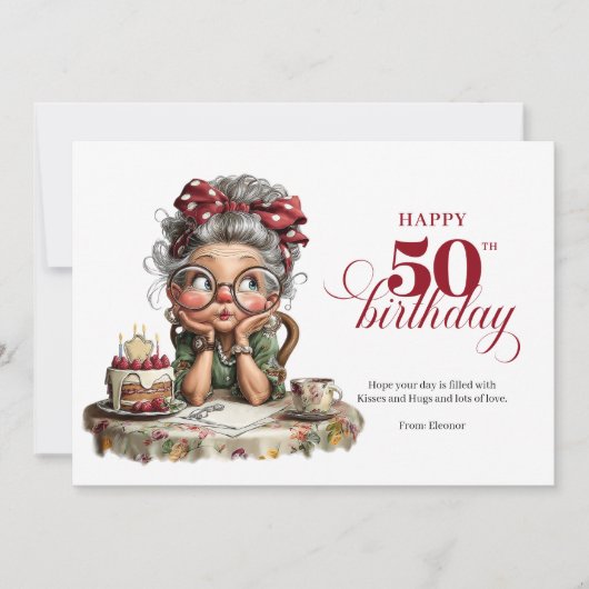 Quirky fun 50 lady greeting whimsical birthday einladung (Vorderseite)