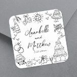 Quirky Fun Hand Drawn Whimsical Wedding Quadratischer Aufkleber<br><div class="desc">Personalisierte, von Hand Gezeichnet Quirky-Hochzeitskleber. Diese lustigen und spielerischen Hochzeitsaufkleber sind mit eigenartigen Doodle-Illustrationen rund um das Design ausgestattet, darunter ein Champagnerturm, Hochzeitskuchen, Diskokugel, Herzen, Hochzeitsglocken, Ringe, Kameras und vieles mehr. Die Braut- und Bräutigam-Namen und das Hochzeitsdatum werden unter diesem skurrilen Kunstwerk elegant in einem Mix aus handgeschriebenen Schriften und...</div>