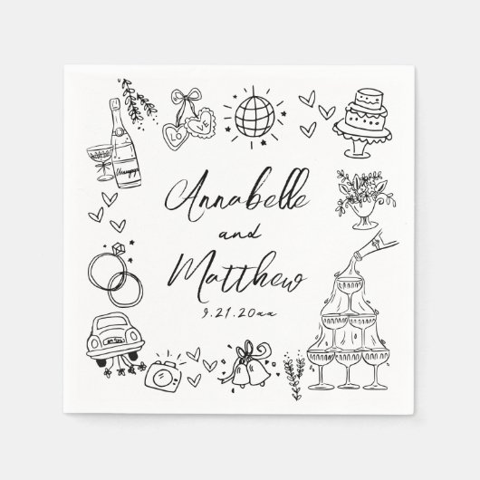 Quirky Fun Hand Drawn Whimsical Wedding Serviette (Vorderseite)