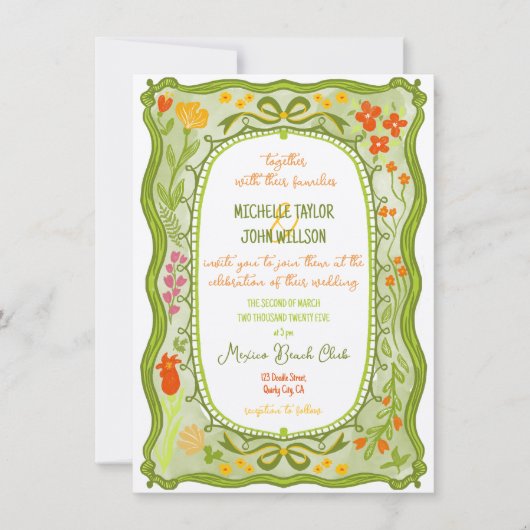 Quirky Fun Whimsical Floral Bow Doodle Hand gezoge Einladung (Vorderseite)