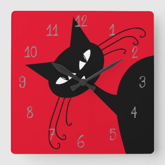 Quirky Funny Black Cat Feline Quadratische Wanduhr (Vorderseite)