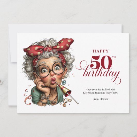 Quirky Funny Lady 50th Birthday Humor Cartoon Card Einladung (Vorderseite)