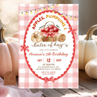 Quirky Gingham Apples Pumpkins und Bales of Hay Einladung