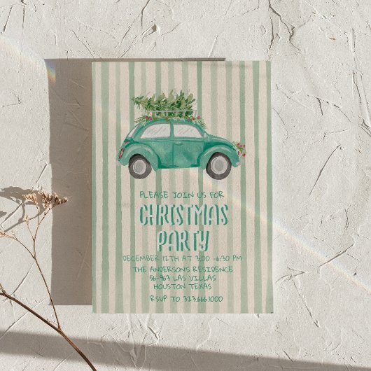 Quirky Green Hand Drawn Weihnachtswagenbaum Party Einladung