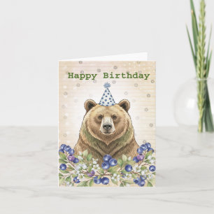 Quirky Grisly Bear mit Blueberries Men Birthday Karte
