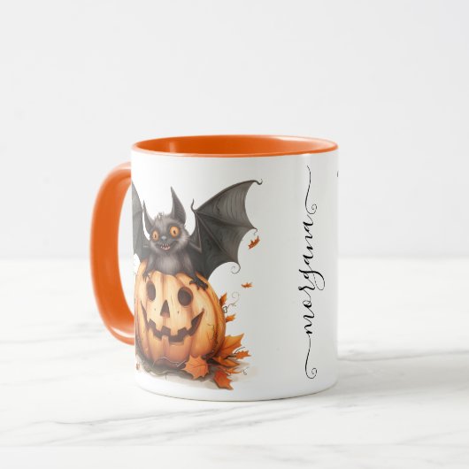 Quirky Halloween Black Bat & Pumpkin Coffee Tasse (Vorderseite Links)