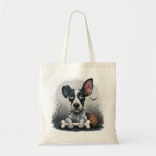 Quirky Halloween Pup: Gepunkteter Hund mit Basketb Tragetasche