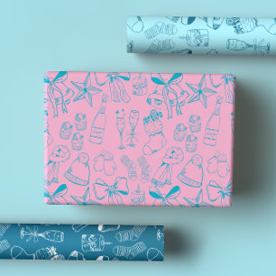 Quirky Hand Draw Bows & Bubbly Pink & Blue Xmas Geschenkpapier Set