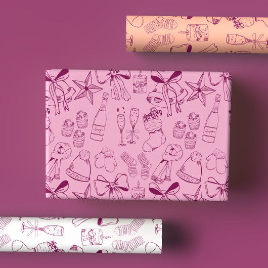 Quirky Hand Draw Bows & Bubbly Pink Xmas Party Geschenkpapier Set