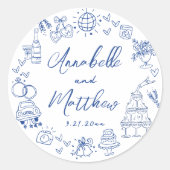 Quirky Hand Drawn Blue Whimsical Wedding Runder Aufkleber (Vorderseite)