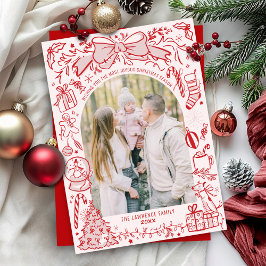 Quirky Hand Drawn Bow Pink and Red Photo Christmas Feiertagskarte