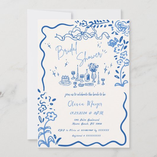 Quirky Hand Drawn Bow Scribble Wavy Brautparty Einladung (Vorderseite)