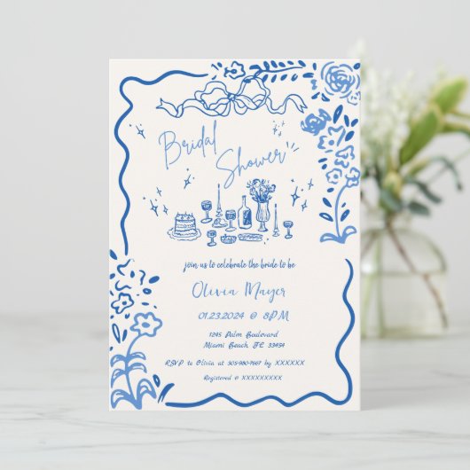 Quirky Hand Drawn Bow Scribble Wavy Brautparty Einladung (Stehend Vorderseite)