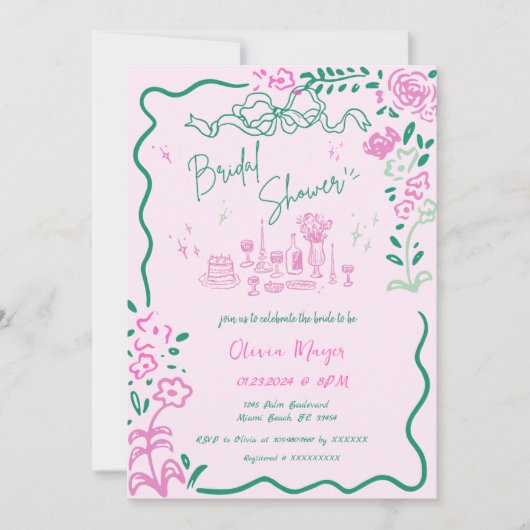 Quirky Hand Drawn Bow Scribble Wavy Brautparty Einladung (Vorderseite)