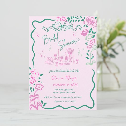 Quirky Hand Drawn Bow Scribble Wavy Brautparty Einladung (Stehend Vorderseite)