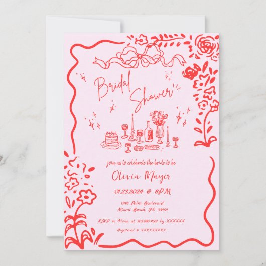 Quirky Hand Drawn Bow Scribble Wavy Brautparty Einladung (Vorderseite)