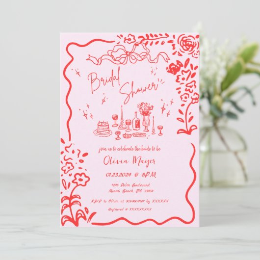 Quirky Hand Drawn Bow Scribble Wavy Brautparty Einladung (Stehend Vorderseite)