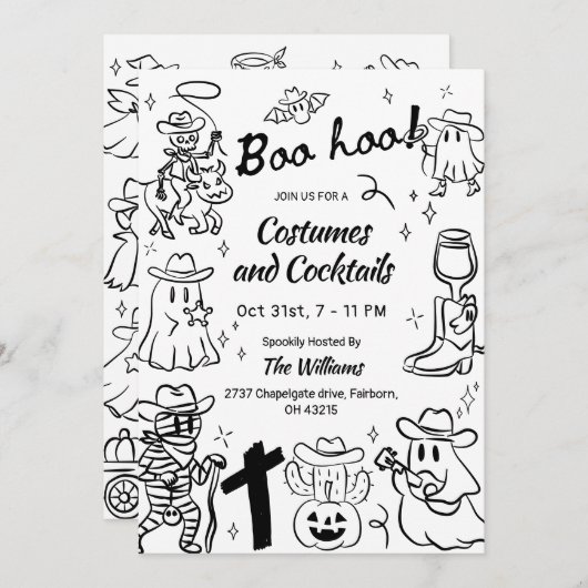 Quirky Hand Drawn Cowboy Theme Halloween-Party Einladung (Vorne/Hinten)