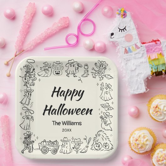 Quirky Hand Drawn Doodles Happy Halloween Pappteller (Party)