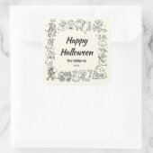 Quirky Hand Drawn Doodles Happy Halloween Quadratischer Aufkleber (Tasche)