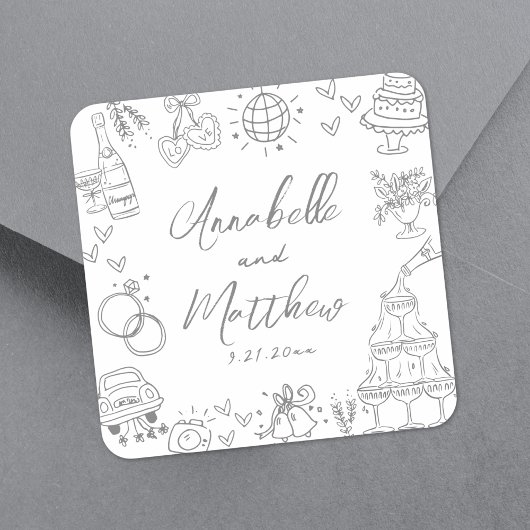 Quirky Hand Drawn Gray Whimsical Wedding Quadratischer Aufkleber