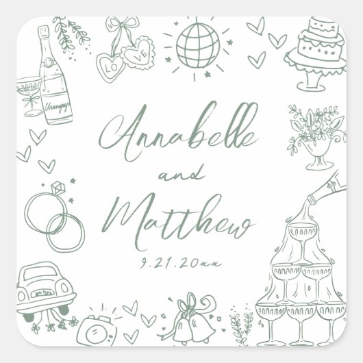 Quirky Hand Drawn Green Whimsical Wedding Quadratischer Aufkleber (Vorderseite)