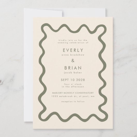 Quirky Hand Drawn Line Olive Green Wedding Einladung (Vorderseite)