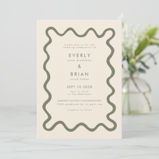 Quirky Hand Drawn Line Olive Green Wedding Einladung (Stehend Vorderseite)