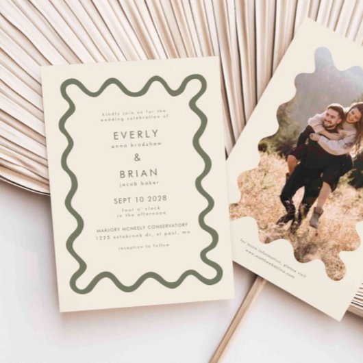 Quirky Hand Drawn Line Olive Green Wedding Einladung