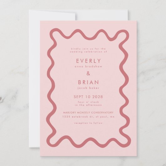 Quirky Hand Drawn Line Rosa Hochzeit Einladung (Vorderseite)