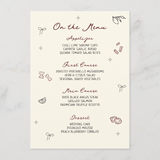 Quirky Hand Drawn Maroon Menü Menükarte (Vorderseite)