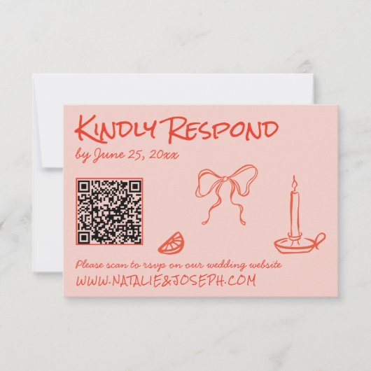 Quirky Hand Drawn Pink Red Unique QR Code Wedding RSVP Karte (Vorderseite)