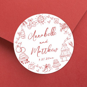 Quirky Hand Drawn Red Whimsical Wedding Runder Aufkleber