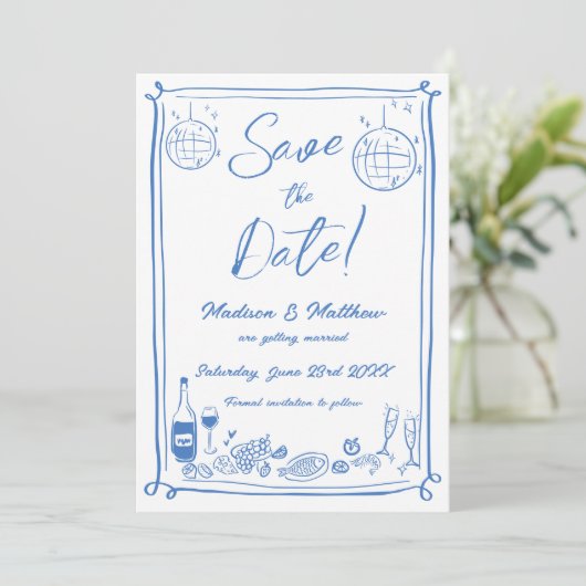 Quirky Hand Drawn Scribble Doodles Wedding Save The Date (Stehend Vorderseite)