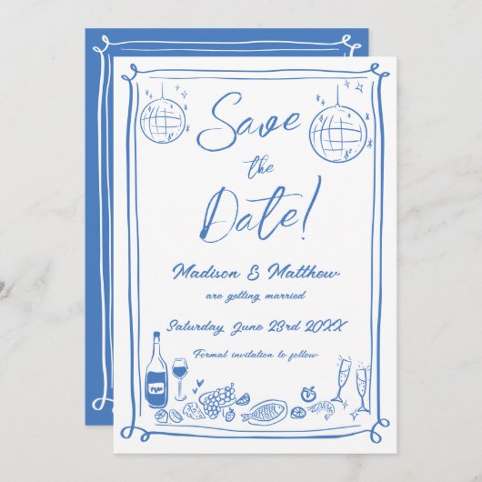 Quirky Hand Drawn Scribble Doodles Wedding Save The Date (Vorne/Hinten)